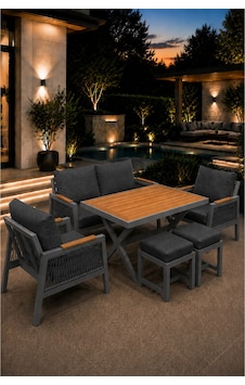 Garden Balkon Takımı, Gri Bahçe Takımı 5+1 Masa 70x110 3lü Koltuk 70x150 Tekli Koltuk 70x70 2 Adet Puf Antarsit