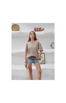 Paw Garage Kadın Mia İnterlok Kumaş Bisiklet Yaka Oversize T-shirt Vizon Paw Garage Kadın Mia İnterlok Kumaş Bisiklet Yaka Oversize T-shirt Vizon