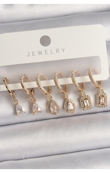 Pirinç Gold Renk Sallantı Zirkon Taşı Damla Model Kadın Küpe Seti Gümüş Pirinç Gold Renk Sallantı Zirkon Taşı Damla Model Kadın Küpe Seti Gümüş