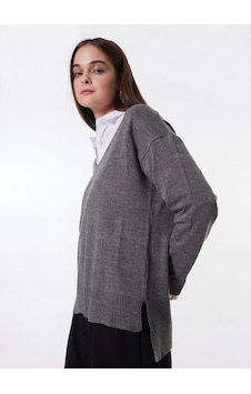 Limon Gri Kadın V Classic Fit Düz Kazak L4wl-kzk-9003 Limon Gri Kadın V Classic Fit Düz Kazak L4wl-kzk-9003