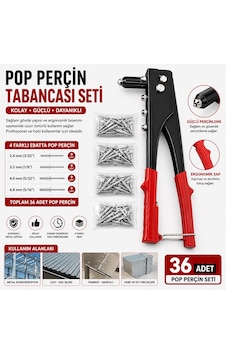 Pop Perçin Tabancası Seti 4 Farklı Ebat 36 Adet Perçinli
