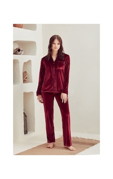 Eros Eros 29660 Kadın Bordo Kadife Önden Düğmeli Gömlek Pijama Takımı
