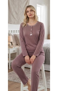 Miss Melina Bambu Pamuk Uzun Kol Kadın Pijama Takımı Puanlı - 9086870133629 Vizon
