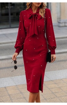 Butik İstanbul Kadın Uzun Kollu Yakadan Fiyonklu Yandan Yırtmaçlı Incili Midi Ithal Krep Elbise Kırmızı Butik İstanbul Kadın Uzun Kollu Yakadan Fiyonklu Yandan Yırtmaçlı Incili Midi Ithal Krep Elbise Kırmızı