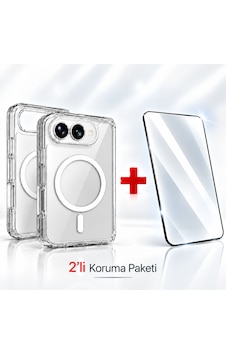 Apple Uyumlu iPhone Duo Uyumlu Koruma Seti Sararmaz Magsafe Kılıf + Ekran Koruyucu Cam Antistatik Özellikli 9h Temperli Dayanıklı 2'li Koruma Paketi Şeffaf