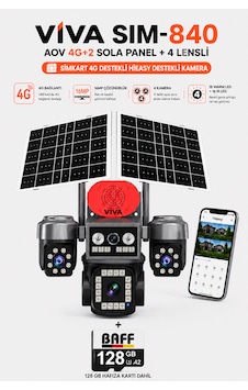 Viva Sim-840 Çift Güneş Panelli 4g Sim Kartlı Kablosuz 4 Lensli Güvenlik Kamerası 16mp Ptz 128gb Hafıza Kart Dahil Dahil Viva Sim-840 Çift Güneş Panelli 4g Sim Kartlı Kablosuz 4 Lensli Güvenlik Kamerası 16mp Ptz 128gb Hafıza Kart Dahil Dahil