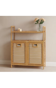 Bambu Kirli Çamaşır Sepeti 2 Bölmeli 2 Kat Organizer 80x33x87 Cm Açık Ahşap