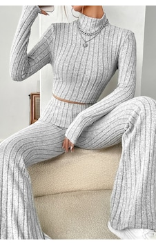 Intive Lingerie Kadın Gri Çizgili Boğazlı Crop Top Ve Yüksek Bel Pantolon Takım Gri