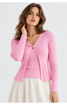 Mevese Kadın 2'li Takım Fitilli Triko Bluz Ve Atlet Kaşmir Dokulu Akrilik Set - Pembe