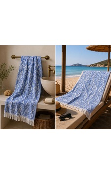 Ege Esintisi Saray Jakarlı Çift Yüzlü Peştemal - Mavi - %100 Pamuk 100x180 Cm Plaj, Havuz Ve Hamam Peştemali