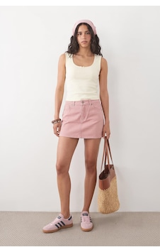 Blue White %100 Pamuk Yüksek Bel Mini Jean Etek Pembe