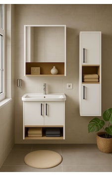 Dmz Home Concept Legna 80 Cm Beyaz-ahşap Renkli, Seramik Lavabolu, Alt - Üst Ve Boy Dolaplı Mdf Banyo Dolabı Seti Dmz Home Concept Legna 80 Cm Beyaz-ahşap Renkli, Seramik Lavabolu, Alt - Üst Ve Boy Dolaplı Mdf Banyo Dolabı Seti