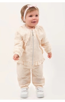 Mini Baray 3'lü Fırfırlı Kız Bebek Takımı Hırka + Üst + Alt - 9-18 Ay Bej