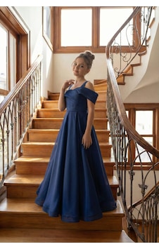 Butik Happy Kids Kız Çocuk Askılı Düşük Omuz Detaylı Şifon Zarif Ve Şık Tasarım Prenses Model Uzun Abiye Elbise 8-15 Yaş Lacivert