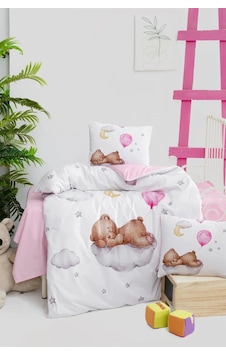 Kız Bebek Ekru Pembe Kahve Ayıcık Desenli Bebek Nevresim Takımı 100x150cm Çok Renkli