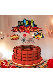 Örümcek Temalı Pasta Süsü Seti İyi Ki Doğdun Pasta Ve Cupcake Kürdan Seti Doğum Günü Parti Süsü 5 Parça