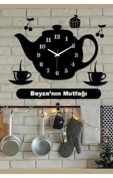 Demlik Tasarımlı Dekoratif Ahşap Mutfak Duvar Saati Kişiye Özel B Ahşap