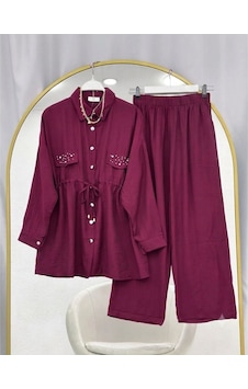 Lovie Moda Kapak Taşlı Jakar Pantolonlu İkili Takım Bordo Lovie Moda Kapak Taşlı Jakar Pantolonlu İkili Takım Bordo