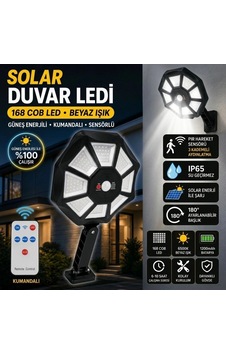 168b Solar Led Büyük Dış Mekân Lambası, Hareket Sensörlü, Kumandalı, 3 Modlu Ultra Parlak Cob Işık, Çok Renkli 168b Solar Led Büyük Dış Mekân Lambası, Hareket Sensörlü, Kumandalı, 3 Modlu Ultra Parlak Cob Işık, Çok Renkli