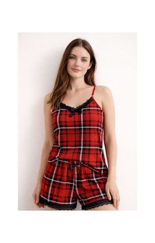 Tenra Kadın Kırmızı Ekose İp Askılı Şortlu Pijama Takımı Dantel Detaylı Tenra Kadın Kırmızı Ekose İp Askılı Şortlu Pijama Takımı Dantel Detaylı
