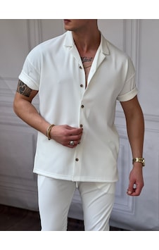Modefendi Fitil Desenli Oversize Kısa Kollu Gömlekli Takım Beyaz Modefendi Fitil Desenli Oversize Kısa Kollu Gömlekli Takım Beyaz