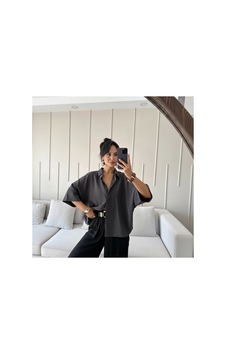 Feg Store Antrasit Yarasa Kol Duble Manşetli Modal Oversize Gömlek