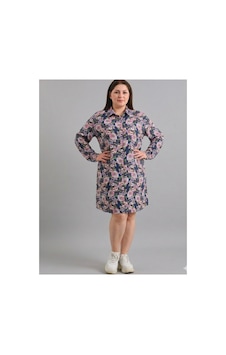 Polologin Butik Büyük Beden Lacivert Floral Desenli Gömlek Elbise - Pembe Çiçek Detaylı Lacivert