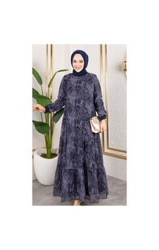 Harman Butik Kadın Astarlı Şifon Desenli Elbise Gri