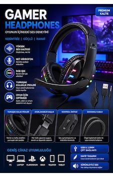 Rgb Oyuncu Kulaklığı Usb + 3.5mm Mikrofonlu Gaming Kulaklık Pc Ps5 Ps4 Xbox Telefon Tablet Uyumlu Rgb Oyuncu Kulaklığı Usb + 3.5mm Mikrofonlu Gaming Kulaklık Pc Ps5 Ps4 Xbox Telefon Tablet Uyumlu