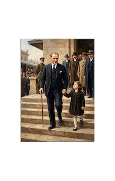 Merdivenlerde El Ele Atatürk Ve Kız Çocuğu Dekoratif Kanvas - Mdf Ahşap Tablo Çok Renkli Merdivenlerde El Ele Atatürk Ve Kız Çocuğu Dekoratif Kanvas - Mdf Ahşap Tablo Çok Renkli