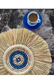 Rafya Mavi Ahşap Boncuklu Duvar Aksesuar Süsü