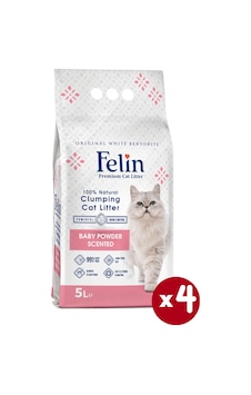 Felin Bebek Pudrası Kokulu Topaklaşan Bentonit Kedi Kumu 4 x 5 L Felin Bebek Pudrası Kokulu Topaklaşan Bentonit Kedi Kumu 4 x 5 L