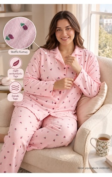 Seboteks Waffle Kumaş Önden Düğmeli Uzun Kollu Büyük Beden Kadın Pijama Takımı 3596 Pembe Seboteks Waffle Kumaş Önden Düğmeli Uzun Kollu Büyük Beden Kadın Pijama Takımı 3596 Pembe