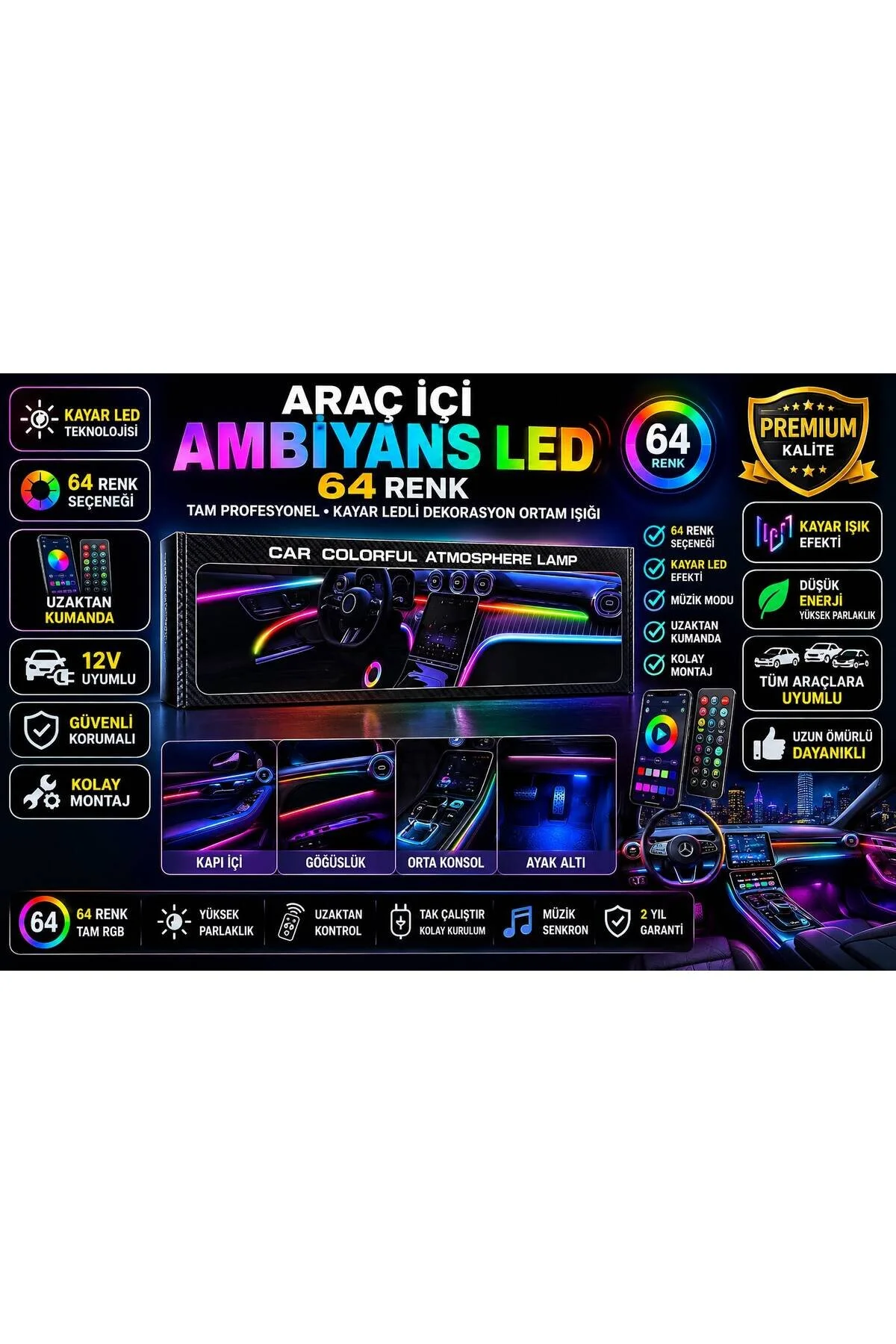 Araç İçi Ambiyans Led 64 Renk Tam Profesyonel Animasyonlu Müziğe Duyarlı Oto Led Ambians Led Araç İçi Ambiyans Led 64 Renk Tam Profesyonel Animasyonlu Müziğe Duyarlı Oto Led Ambians Led