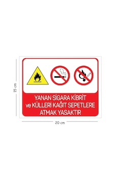 Metal Yanan Sigara Kibrit Ve Külleri Kağıt Sepetlere Atmak 15x20 Cm Uyarı İş Güvenliği Levhası