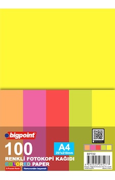 Bigpoint A4 Renkli Fotokopi Kağıdı Fosforlu 5 Renk 100'lü Paket Bigpoint A4 Renkli Fotokopi Kağıdı Fosforlu 5 Renk 100'lü Paket