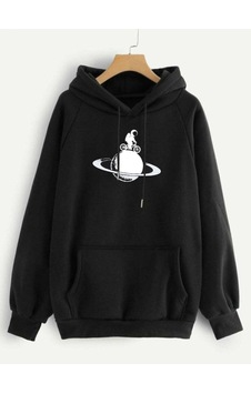 Relax&Basic 2 Iplik Iç Pamuklu Tam Kalıp Baskılı Hoodie Siyah Siyah