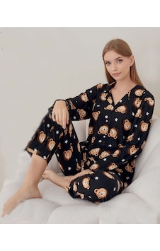 Lukitus Gömlek Yaka Ayıcık Desen Süet Kadın Pijama Takımı Luksüets Siyah Lukitus Gömlek Yaka Ayıcık Desen Süet Kadın Pijama Takımı Luksüets Siyah