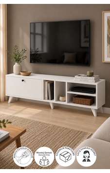 Tv Ünitesi 140 Cm Tv Sehpası Düşer Kapaklı Tv Ünitesi Televizyon Sehpası Sardinya Beyaz
