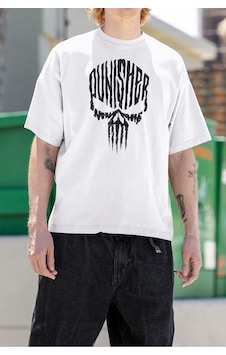 Punisher Baskılı Unisex Tasarım Tişört, Oversize Marvel Tişört Beyaz