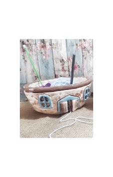 El Yapımı Dekoratif Ev Görselli Örgü Sepeti.beton Sepet. Mavi