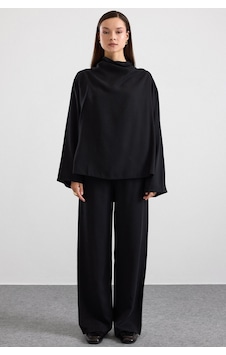 Olcay Degaje Yaka Oversize Pantolon Bluz İkili Takım Siyah 9483-tk Olcay Degaje Yaka Oversize Pantolon Bluz İkili Takım Siyah 9483-tk