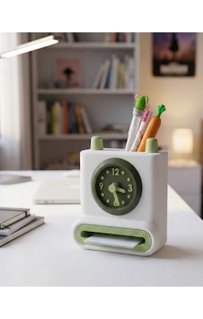 Scope Sessiz Masa Saati Ve Kalemlik Kalemlikli Ve Kağıt Bölmeli Masa Saati - Figür Formlu Saat Beyaz - Yeşil Scope Sessiz Masa Saati Ve Kalemlik Kalemlikli Ve Kağıt Bölmeli Masa Saati - Figür Formlu Saat Beyaz - Yeşil