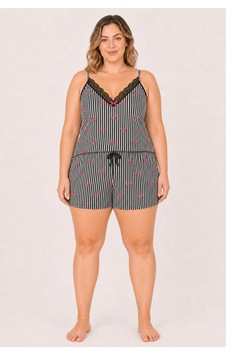 Bravie Kadın Büyük Beden İp Askılı Yakası Dantelli Çizgili Fiyonklu Yazlık Pijama Takımı Siyah Bravie Kadın Büyük Beden İp Askılı Yakası Dantelli Çizgili Fiyonklu Yazlık Pijama Takımı Siyah