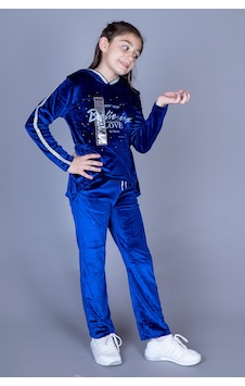 Toontoy Kız Çocuk 2'li Kadife Takım Baskılı Kapüşonlu Sweatshirt & Beli Lastikli Cepli Eşofman Altı - Şerit Detaylı Saks Toontoy Kız Çocuk 2'li Kadife Takım Baskılı Kapüşonlu Sweatshirt & Beli Lastikli Cepli Eşofman Altı - Şerit Detaylı Saks