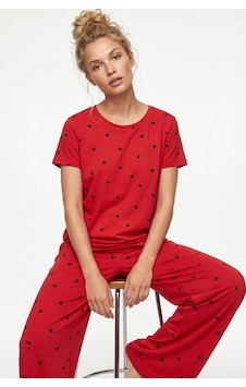 Siyah İnci Kırmızı Kısa Kollu Pamuklu Pijama Takımı Siyah İnci Kırmızı Kısa Kollu Pamuklu Pijama Takımı