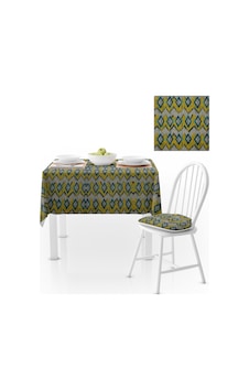 Baklava Desenli Sarı Lacivert Turkuaz Dijital Baskılı Petek Dokuma Masa Örtüsü 140x220