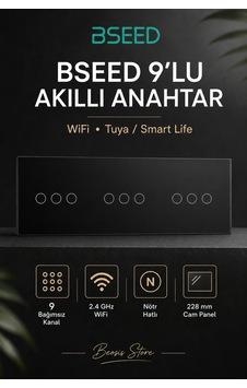 Bseed Siyah 9 Tuş Wifi Akıllı Dokunmatik Anahtar Tuya Smart Life, Nötr Hatlı Bseed Siyah 9 Tuş Wifi Akıllı Dokunmatik Anahtar Tuya Smart Life, Nötr Hatlı