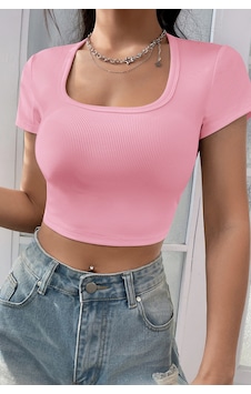 I-moda Kadın Pembe Yarım Kol Düz Yaka Crop Top Bluz I-moda Kadın Pembe Yarım Kol Düz Yaka Crop Top Bluz