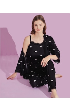 Lukitus Sabahlıklı İp Askılı Puantiyeli Kadın Pijama Takımı Çok Renkli Lukitus Sabahlıklı İp Askılı Puantiyeli Kadın Pijama Takımı Çok Renkli